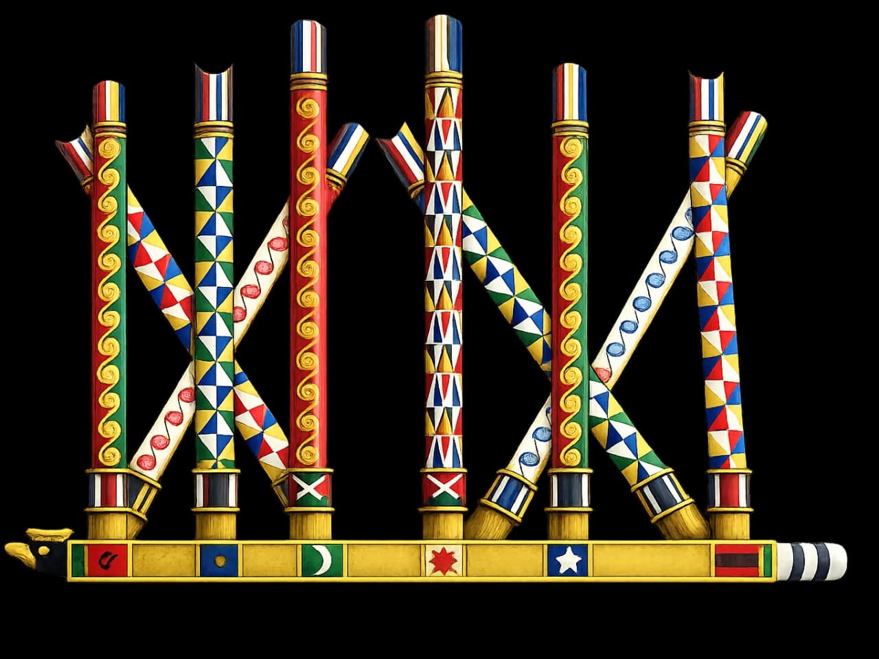 Colorfully painted Manau shadung ceremonial posts representing Kachin cultural heritage